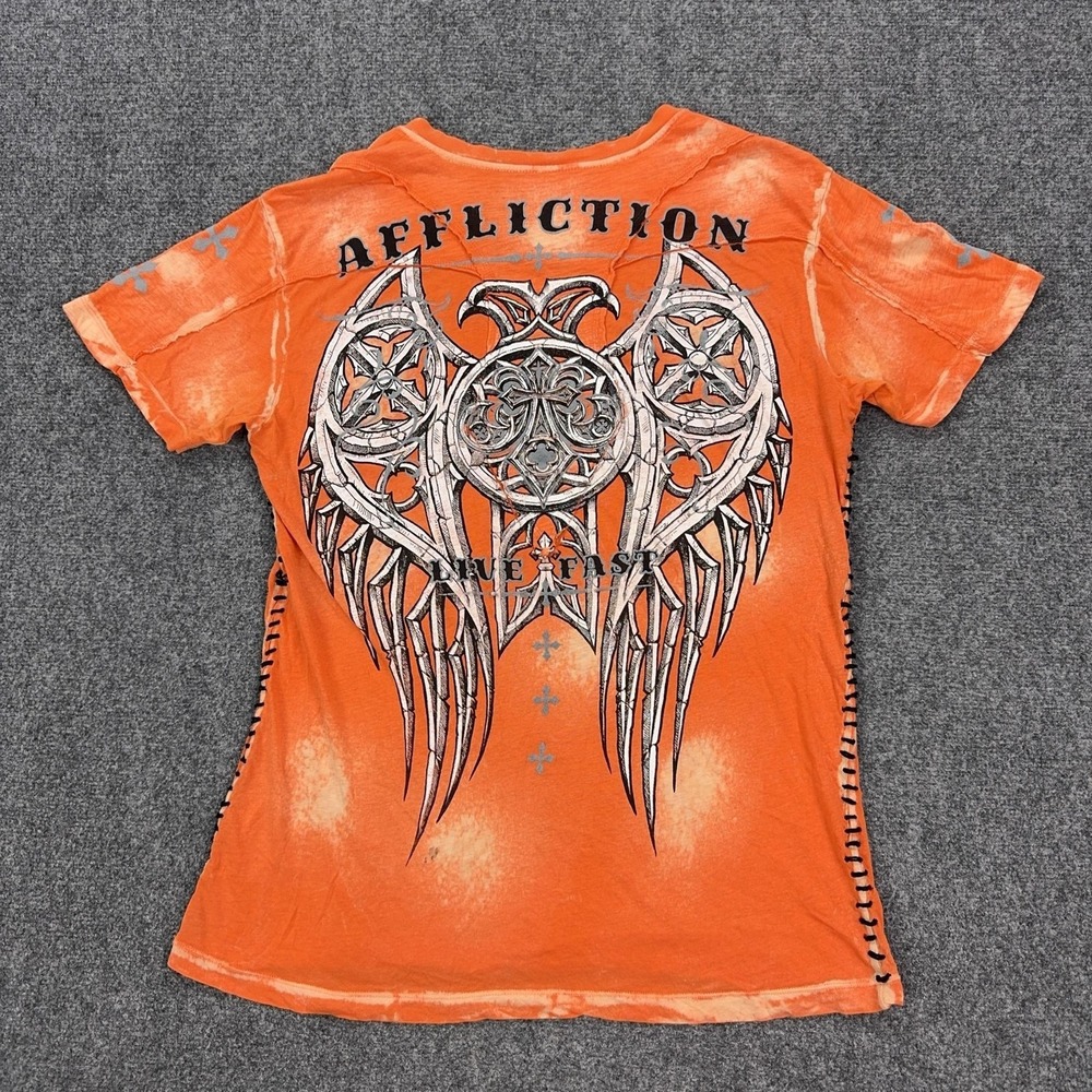Affliction‎ Shirt Mens L Orange Live Fast Wings Cross Gothic Graphic Tee Top Y2K